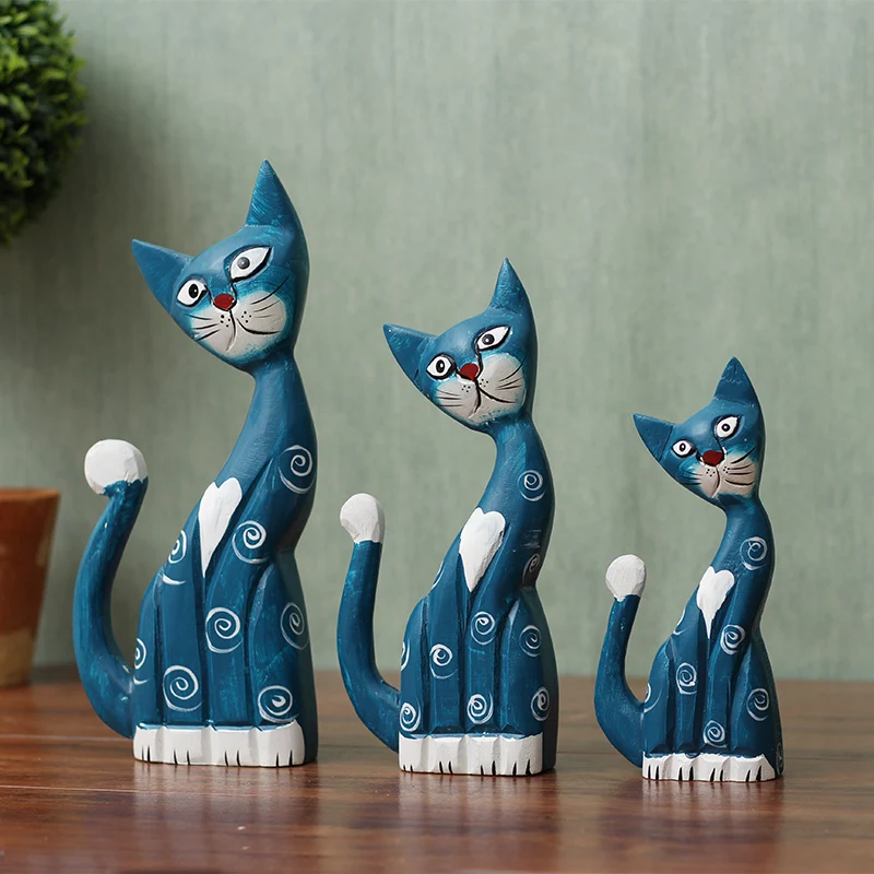 

Nordic Solid Wood Carved Painted Cat Sculpture Ornaments Home Livingroom Table Figurines Decoration Office Desktop Animal Crafts