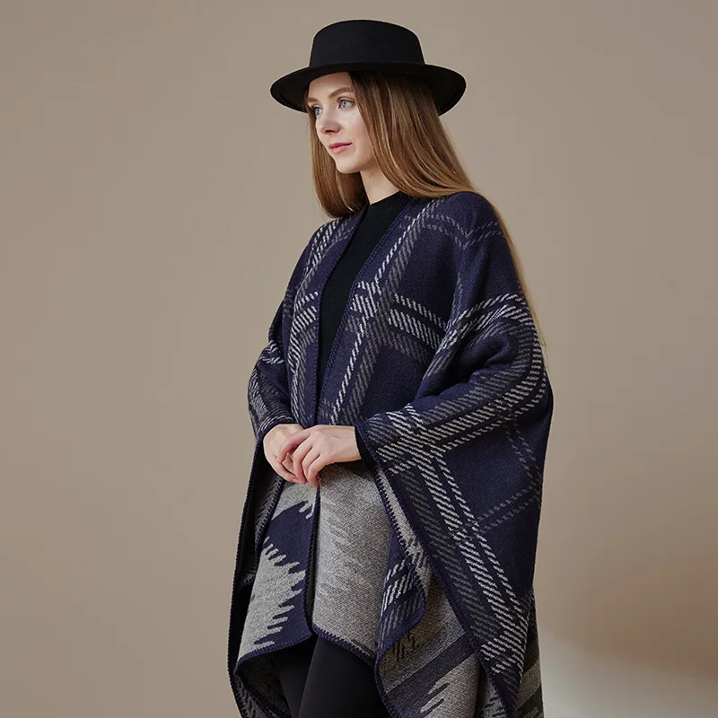 Nordic Retro White Print Poncho Cardigan Faux Cashmere Women Shawl Scarf Jackets Tie-dye Black Blanket Cape Pashmina Claok Coats