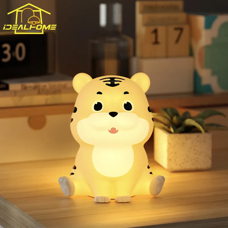 Cute Tiger Silicone Night Light with Patting Switch Kids Room USB Charging Timing Sleeping Bedside Bedroom Eye Protection Gift