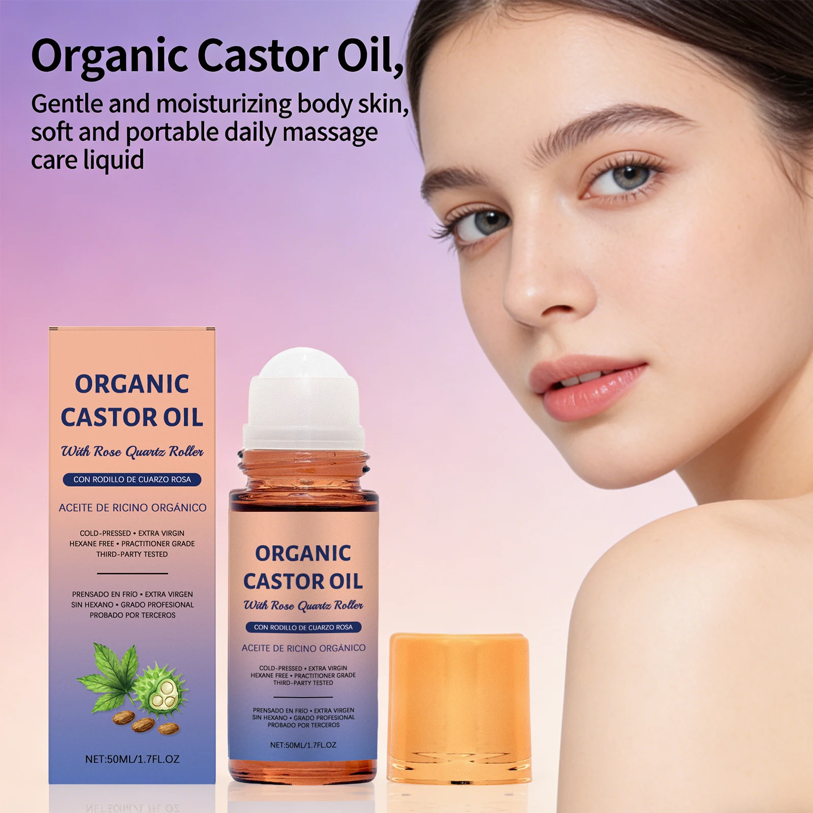 Organic Castor Oil Roller Cold Pressed Unrefined Essential Oil for Hair Eyelash Nail Growth Moisturize Skin Hair Massage Oil