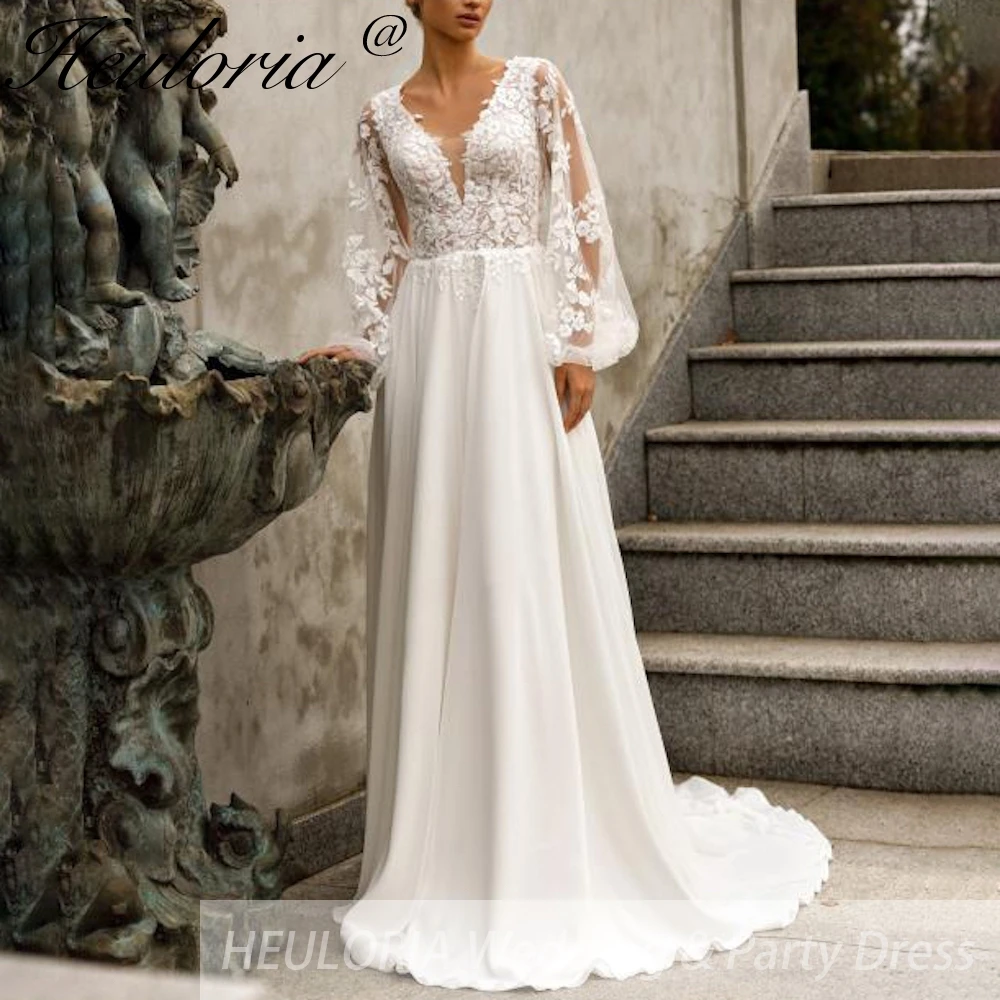 HEULORIA A line lace Wedding Dress long sleeve bride dress plus size robe de mariee Lace beading Wedding Gown court train