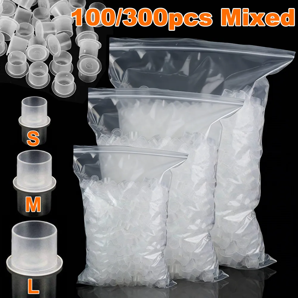 300/100 PCS Gobelets jetables pour encre de tatouage avec base, tailles S/M/L mixtes, supports de pigment pour maquillage permanent, accessoires de tatouage