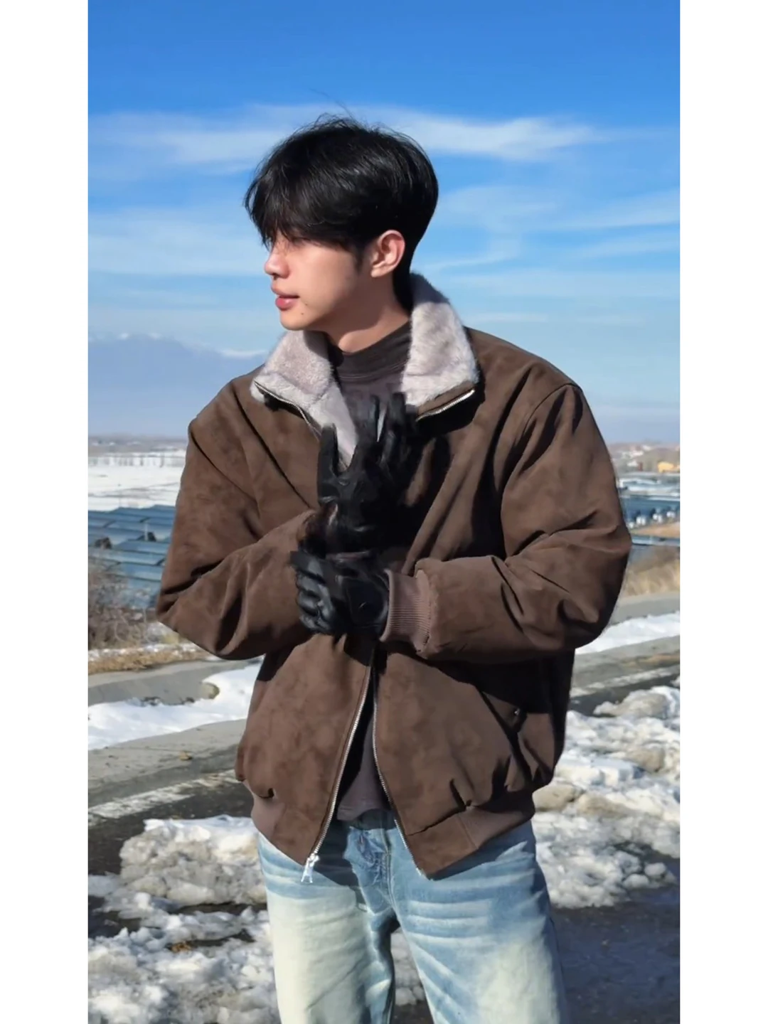 Men's Thickened PU Leather Cotton Jacket Collar up Cotton Coat Winter Warm Standard Fit Long Sleeve Cleanfit Style Pure Color