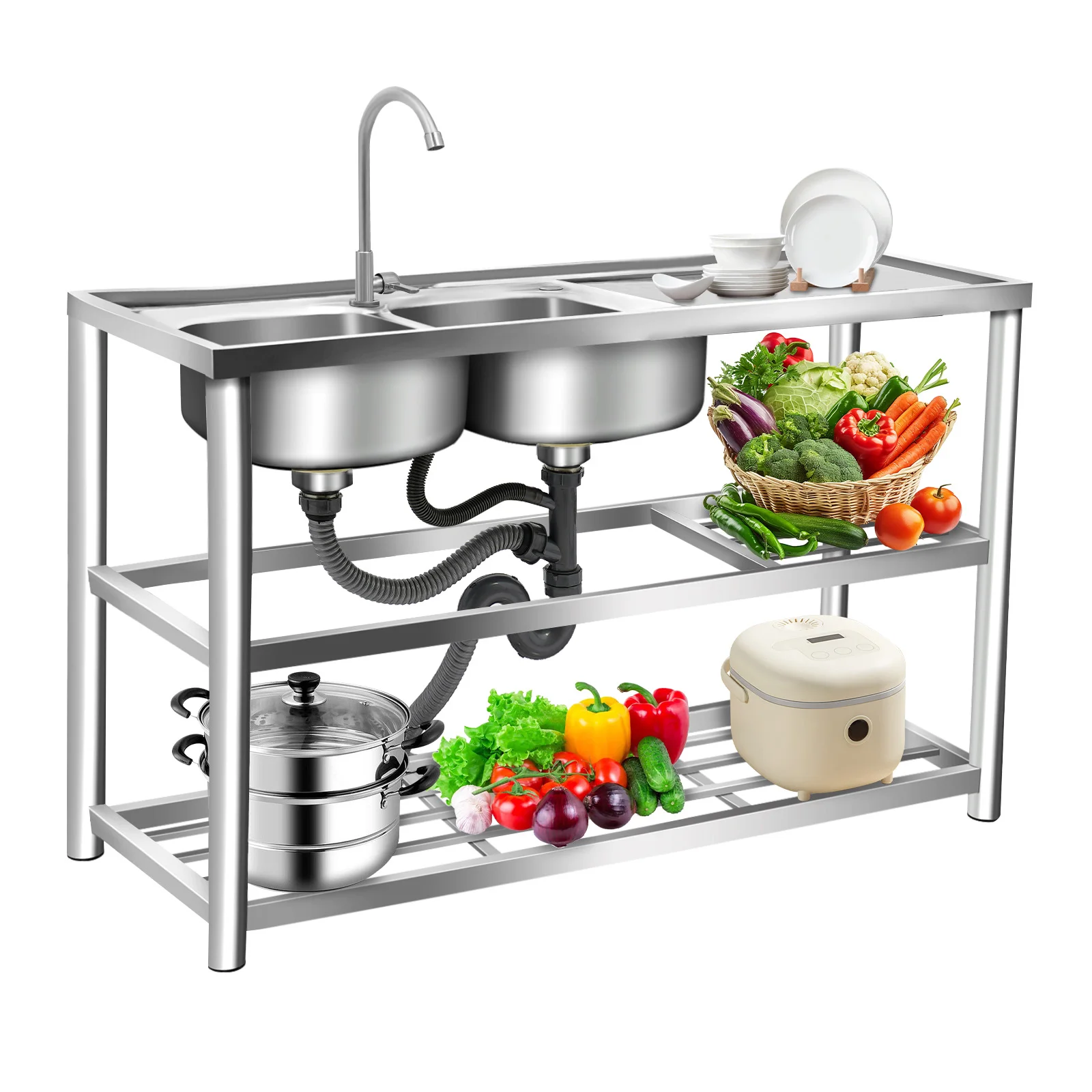 

Free Standing Stainless-Steel Double Bowl Commercial Kitchen Sink Set W/Faucet Drainboard W/Workbench & Double Storage Shelves
