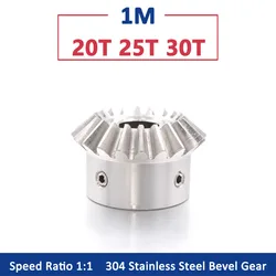 1pc 1:1 304 Stainless Steel Bevel Gear 1M 20 25 30 Teeth 1 Module 20T 25T 30T 90 Degrees Meshing Angle Steel Gears Bore 6 8-12mm