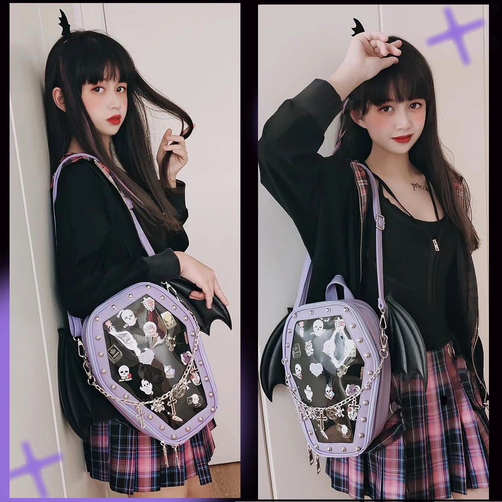 Gothic Punk Sargform Ita Tasche Damen Klare Rucksäcke Dark Lolita Handtasche und Umhängetasche Mädchen Cosplay Designer 2-Einsatz – Detail 36