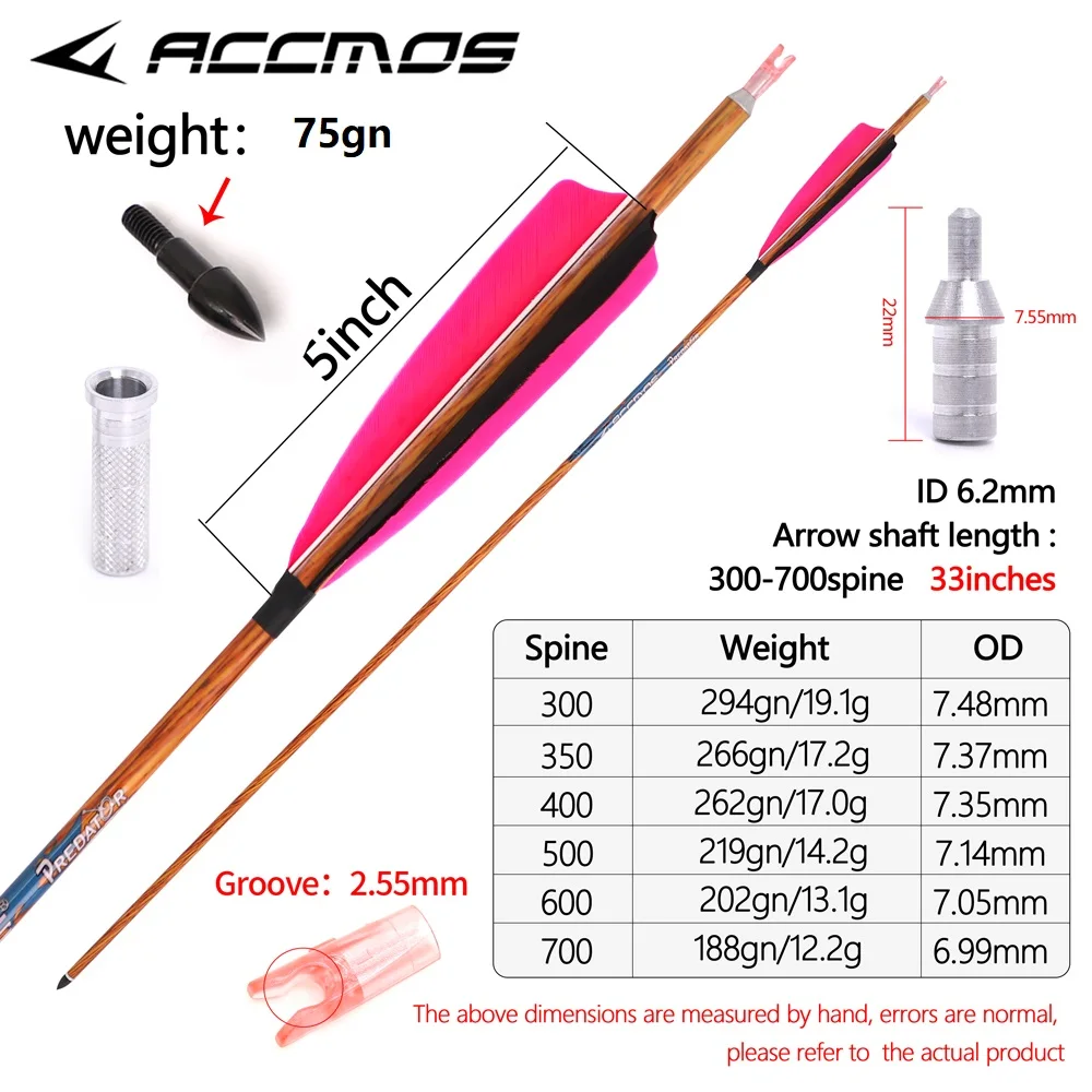 6/12 قطعة ID 6.2 مللي متر 32/33in الجلد الخشبي سهم كربون نقي Sp300 350 400 450 500 550 600 700 800 تركيا ريشة صيد السهم الخشبي #6