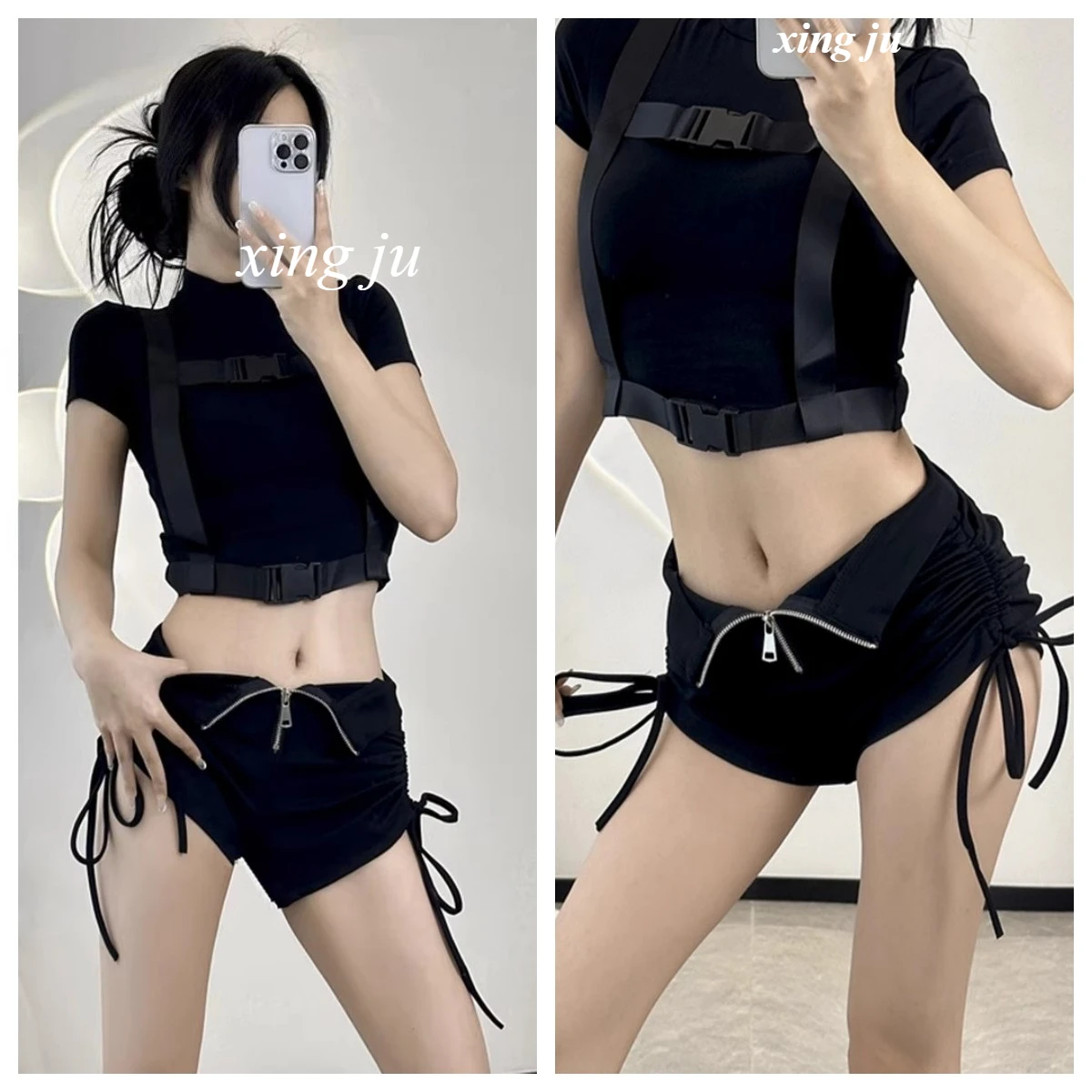 

Women Music High Waist Drawstring Wrap Hips Shorts Stage Costume Nightclub DJ Sexy Pleated Zippers Tight Shorts Jazz Dancewear