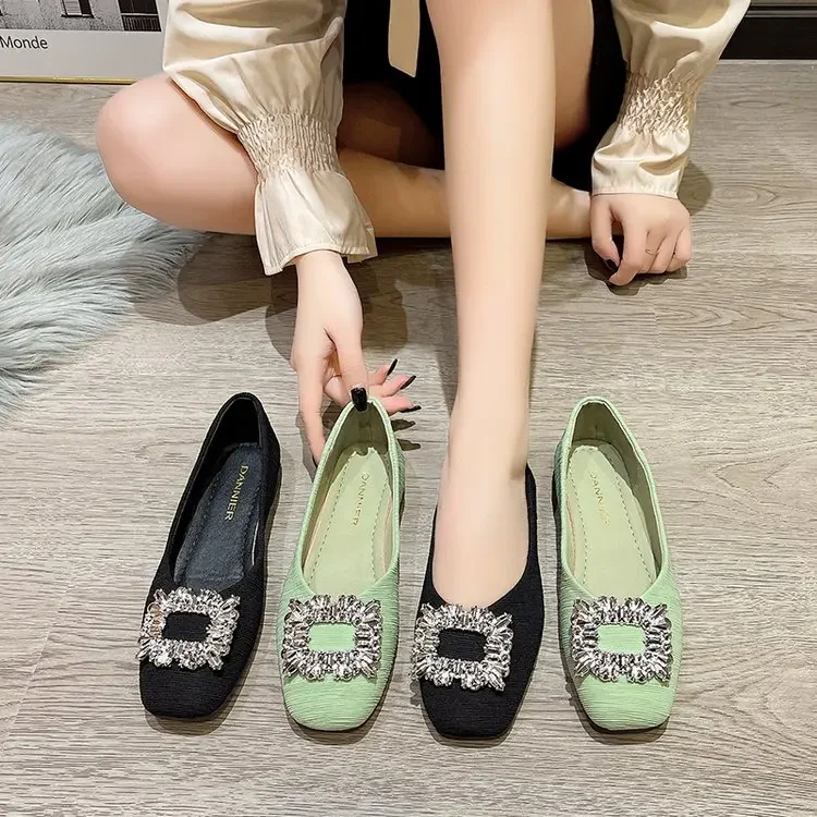 Black Satin Cloth Flats Shoes Woman Basic Sequined Rhinestones Crystal Diamond Buckle Flats Fashion Bridal Shoe Work Women Shoes