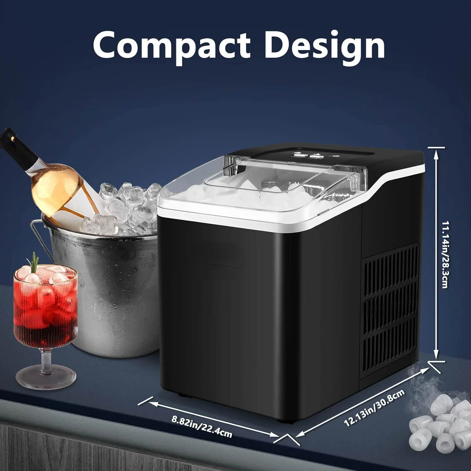 Efficient Countertop Ice Machine Maker, Fast Making 9 Ice Cubes in 6-8 Minutes, Produces 26.5 lbs of Ice in 24 Hours, Self-Clean