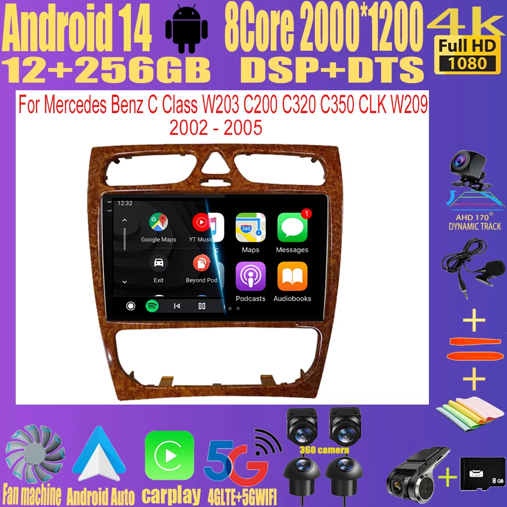 

9 Inch Android 14 Navigation Radio For Mercedes Benz C Class W203 C200 C320 C350 CLK W209 2002 - 2005 Multimedia Video Player