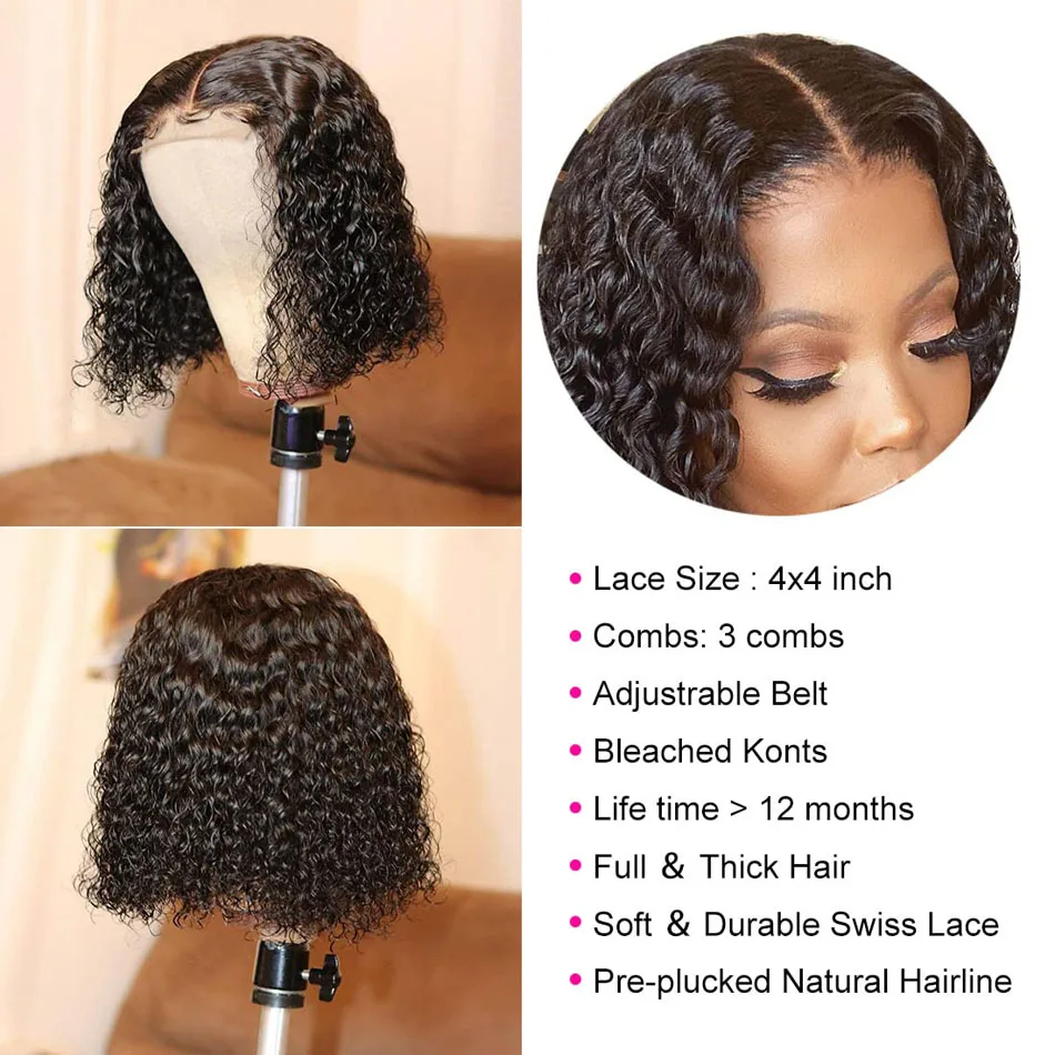 Perruque Bob Lace Wig sans colle naturelle, cheveux humains, Deep Wave, 4x4, 13x4, pour femmes