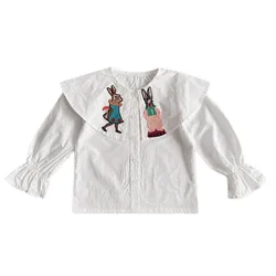 Girls' Cartoon Printing Embroidery Turn down Collar Long Sleeves Shirt Vintage Style Basic Top Solid Color