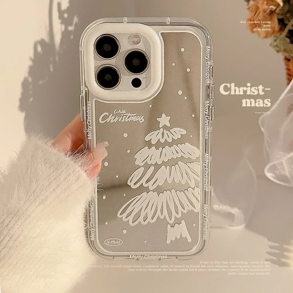 White Snowflake Christmas Tree Mirror Phone Case For iPhone 15 14 Plus 13 12 11 Pro Max X XS XR Shockproof Back Cover