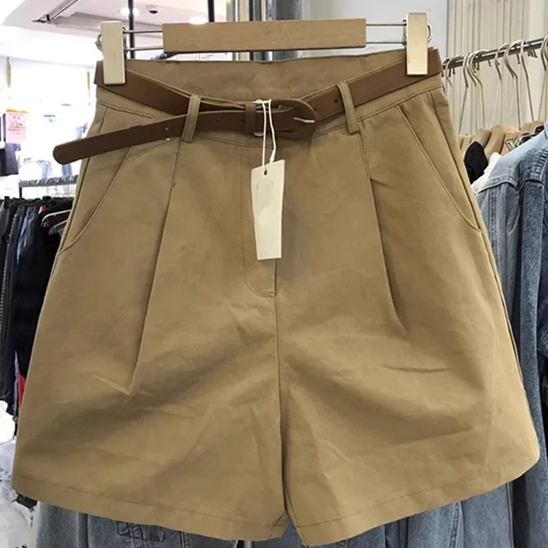 الكاكي اللون دعوى السراويل القصيرة المرأة الصيف رقيقة فضفاضة عادية واسعة الساق السراويل المتوسطة أنيقة تنوعا مستقيم خمسة أرباع السراويل