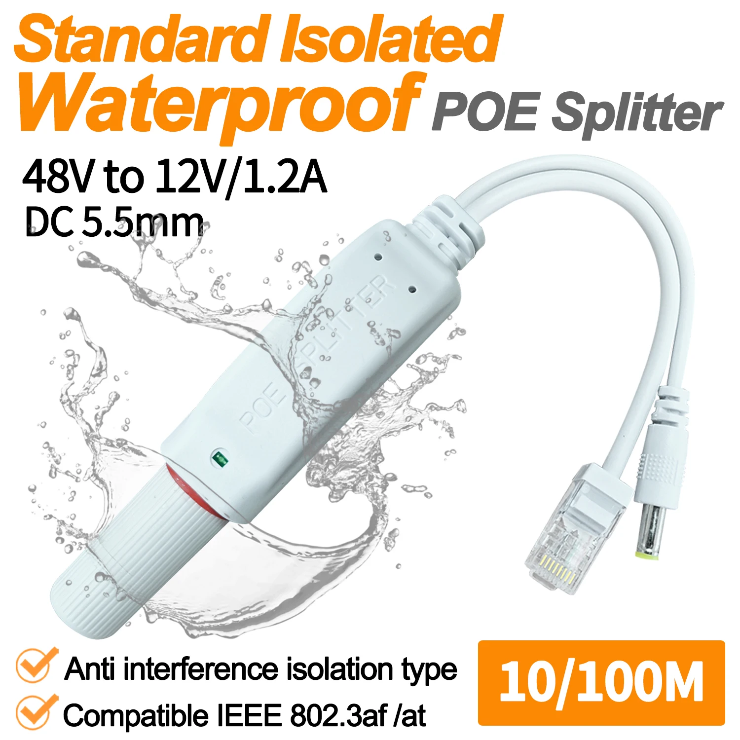 POE Splitter Adapter Active Adaptive Separator Cable Supply Module Injector Isolation Waterproof 48V to 12V DC 1.2A