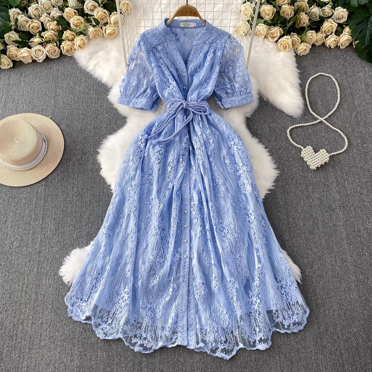 

Summer French High-end Women's Dress New Lace Embroidery V-Neck Lantern Sleeve Single Breasted Sashes Party Birthday Dress