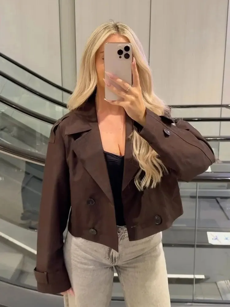 

HH Осенний модный винтажный укороченный плащ, однотонный двубортный двубортный плащ с лацканами и карманами, женская элегантная пригородная куртка