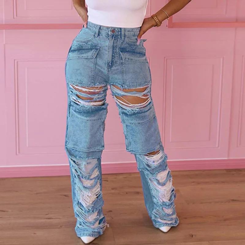 

Ripped Denim Pants Pocket Jeans High Waist Cargo Y2K Streetwear Fashion 2023 Women Summer Clothes Baggy Trousers Denim Pants