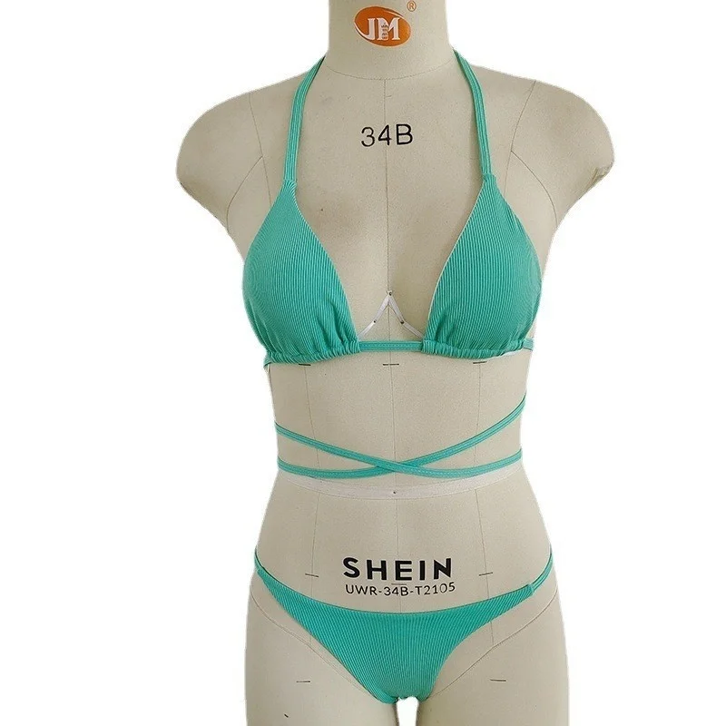 Nieuwe Effen Kleur Riem Driepunts Verticale Pit Streep Bikini Split Badkleding Strand Badpakken Bikini Mini Micro Hot