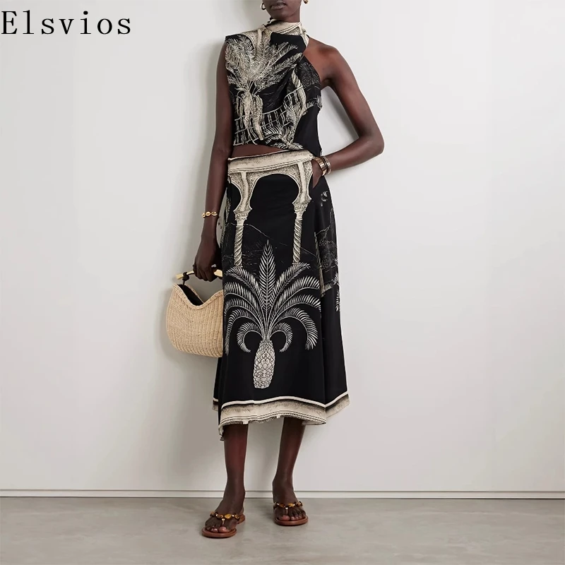 

Fashion O-neck Tops & Long Skirt Suit Women Elegant Sleeveless Pocket Two Piece Set Retro Positioning Print Summer Satin Outfits