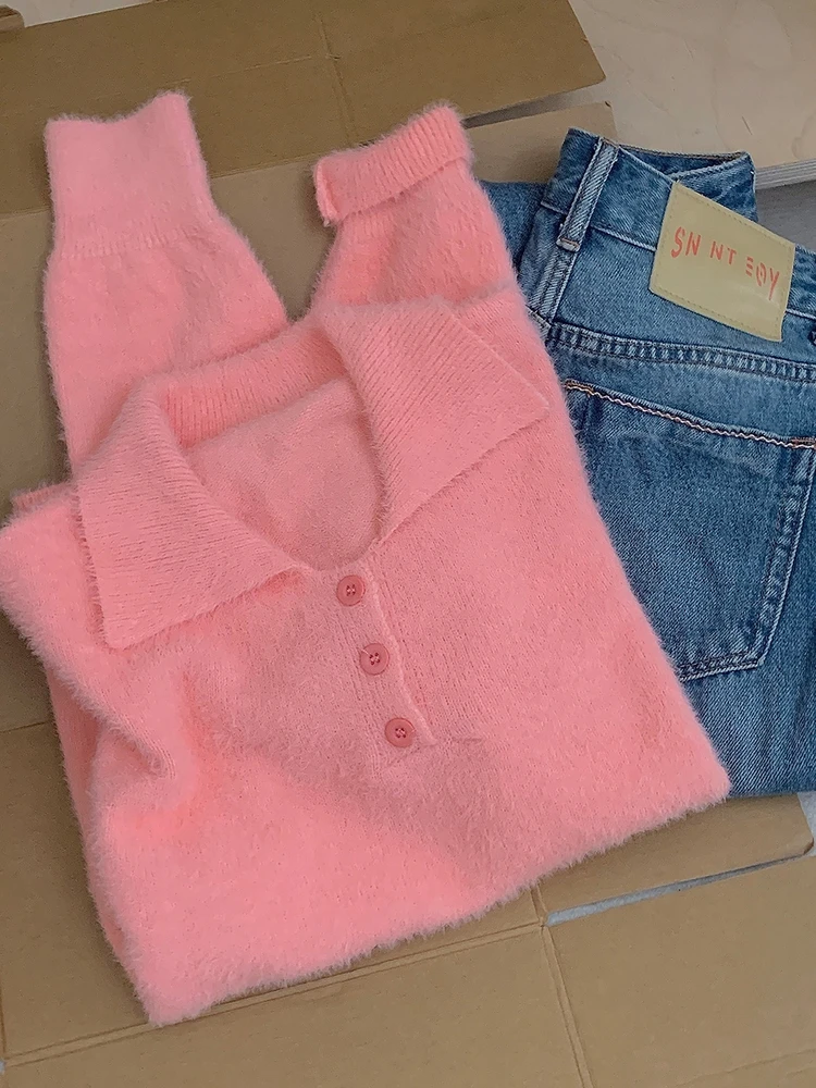 

Розовый пушистый свитер женский осенне-зимний новый свободный топ с длинными рукавами, мягкий вязаный повседневный топ
