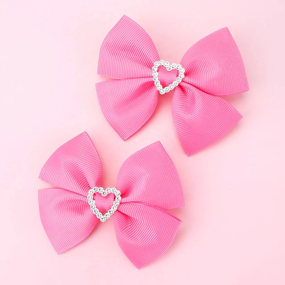 2Pcs/Lot Sweet Rhinestone Hairpins Solid Ribbon Hair Bows With Clips Kids Hair Accessories Toddler Bows Hair Clip Headwear