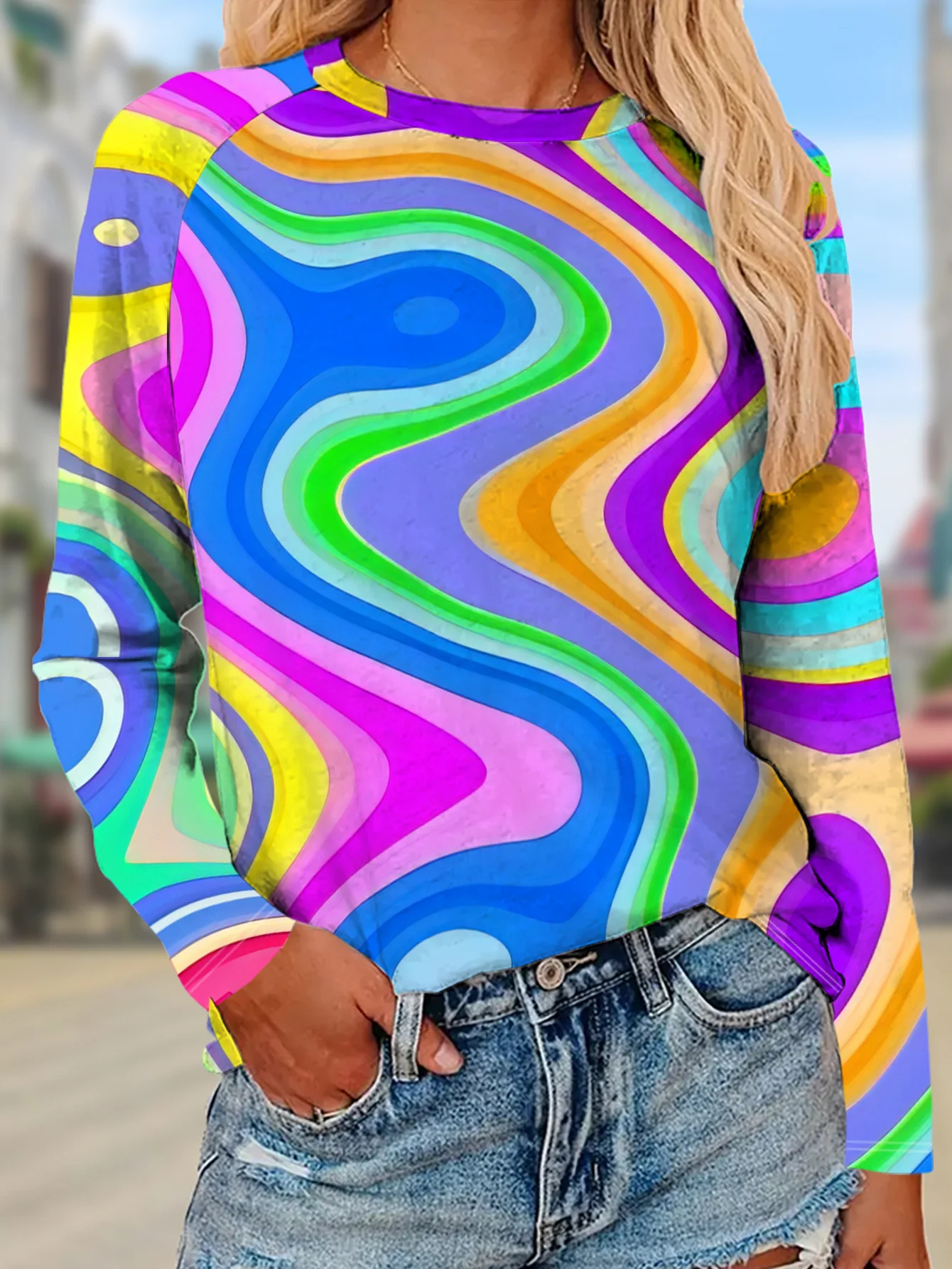 Women Round Neck Long Sleeve T‑shirt Rainbow Swirl Marble Abstract Wave Print Holiday Tee Top Casual Daily Autumn Womens Clothes