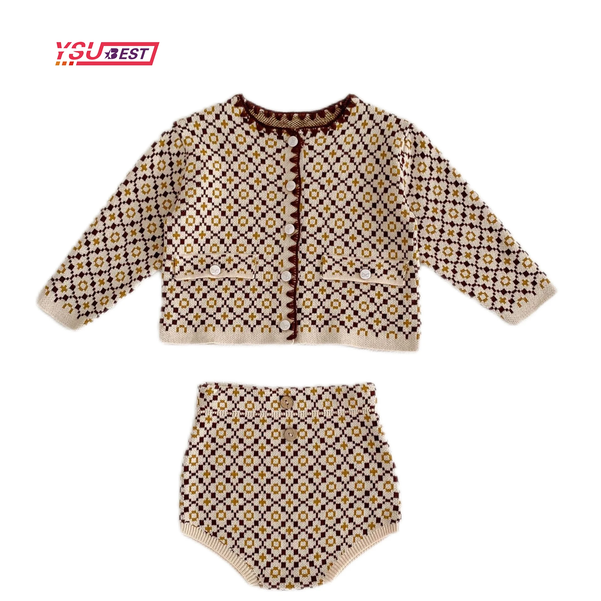 2022 Sprin Autumn  Girl Knitting Broken Flower Sweater Suit Infant Long Sleeve Sweater + Knitted Trousers 2Pcs Infant 0-3Y Suit