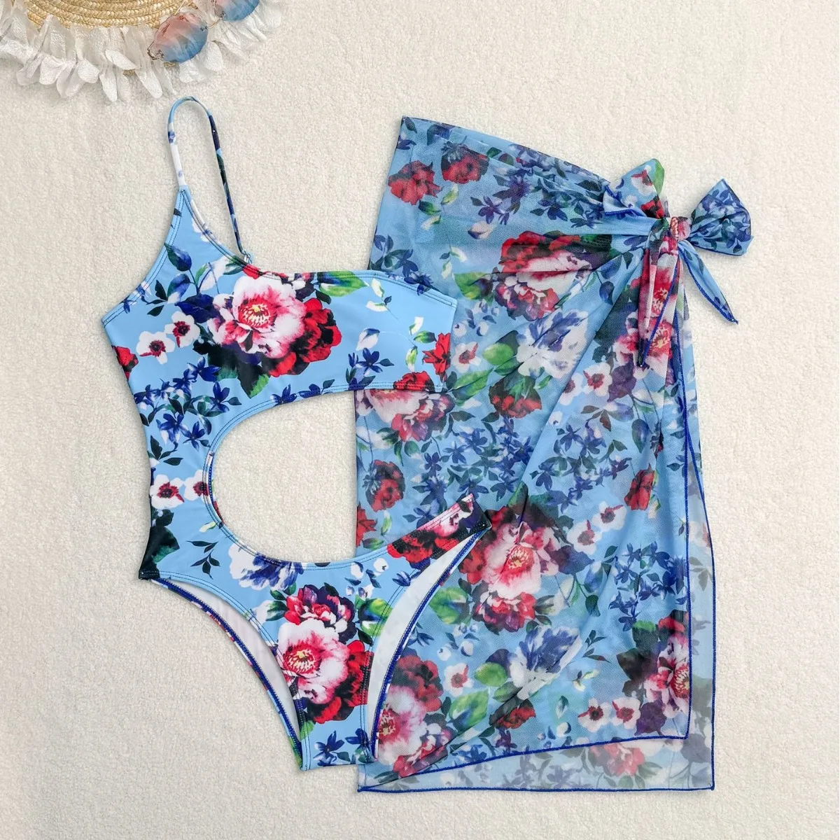 One Piece Swimsuit with Cover Up Sexy Floral Print Swimwear Women One Shoulder Cut Out Swim Suits Bathsuit Bodysuit Beachwear