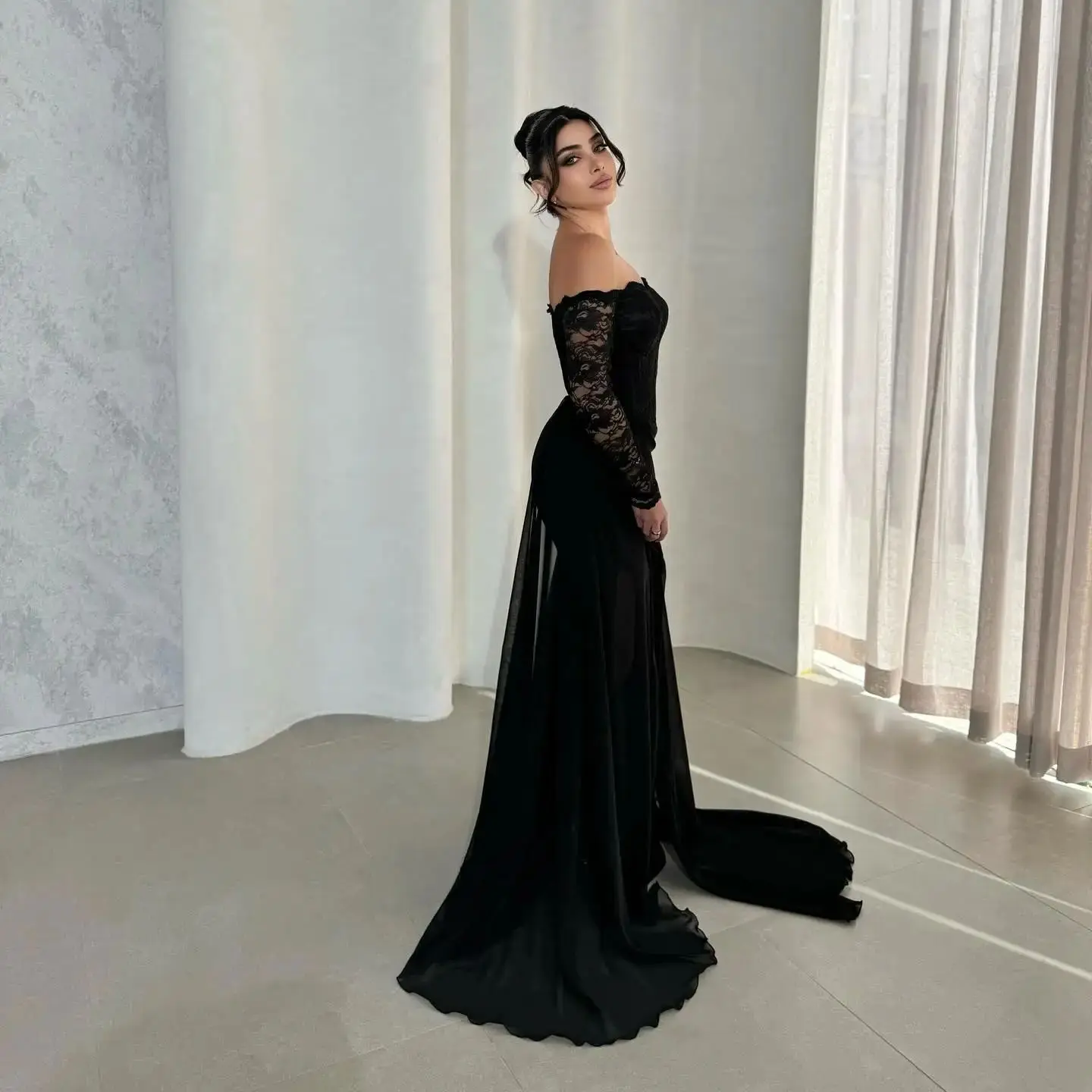 Adeli Elegant Black Off Shoulder Prom Gown Women Lace Chiffon Evening Dress Floor Length customized Special Occasion Dresses