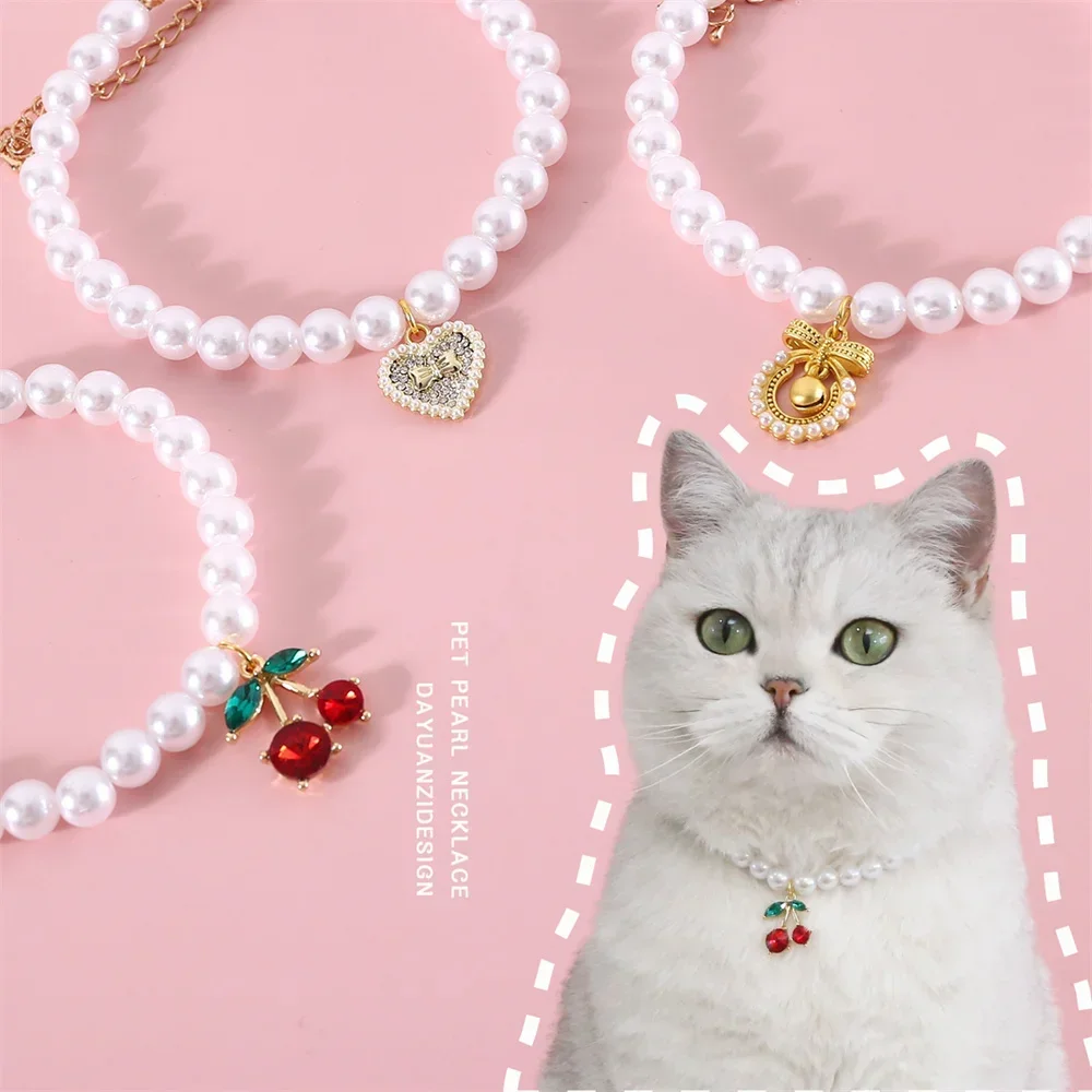 Fashion Pet Princess Wind Pearl Cherry Love Bow Pendant Necklace Cat Bichon Dog Birthday INS Wind Collar Dog Accessories