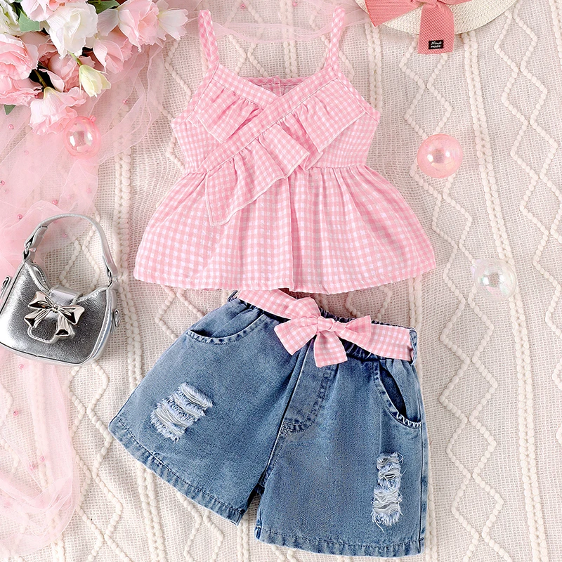 

2Piece Summer Girls Outfit Sets Korean Fashion Plaid Pink Cute Sleeveless Baby Tops+Denim Shorts Boutique Kids Clothing BC201