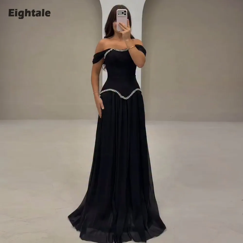 

Eightale Arabic Evening Dress Off the Shoulder Crepe Customized Floor Length Muslim Beaded A-Line Prom Wedding Party Gown