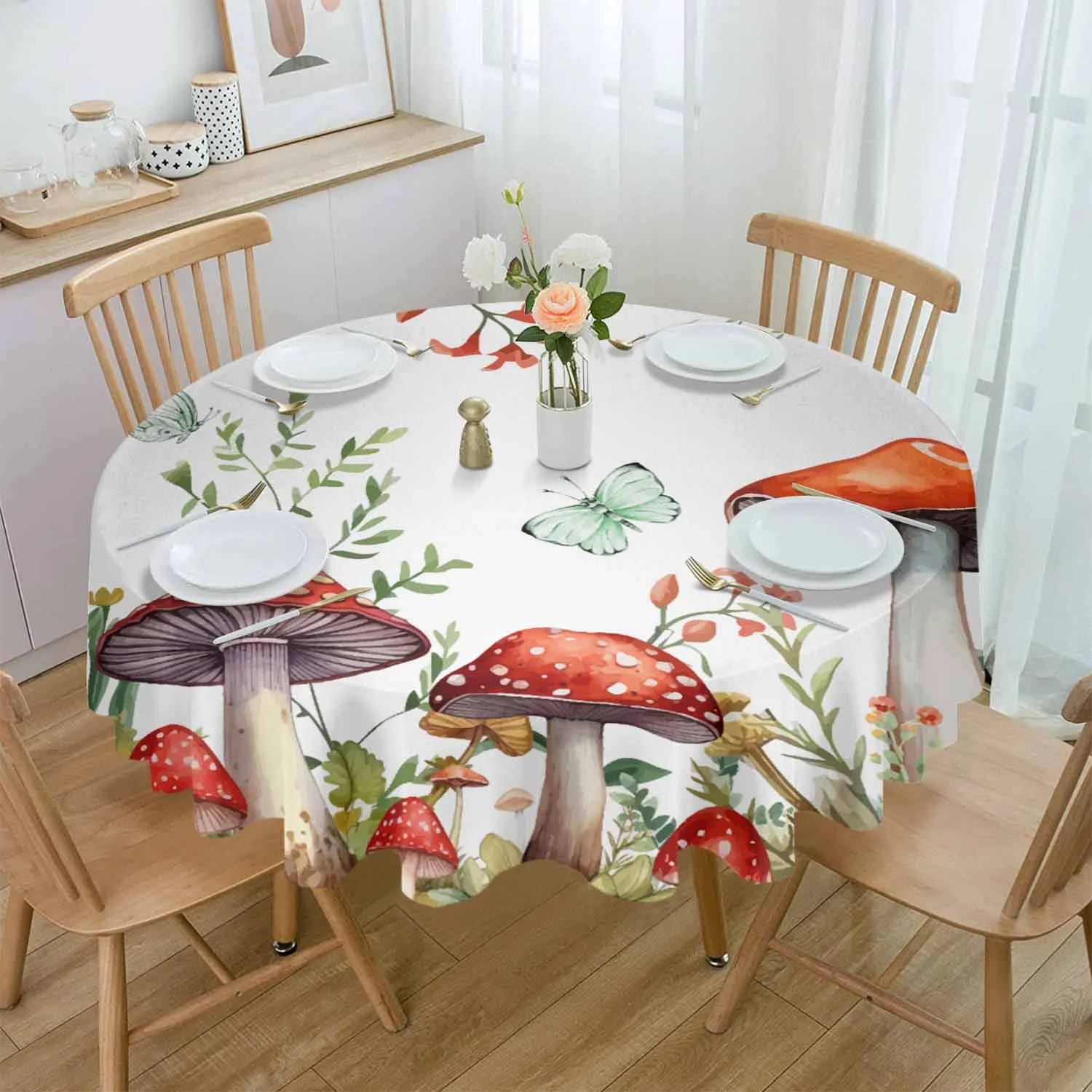 Plant Mushroom Butterfly Watercolor Round Table Cloth Festival Dining Tablecloth Waterproof Table Cover for Wedding Party Decor