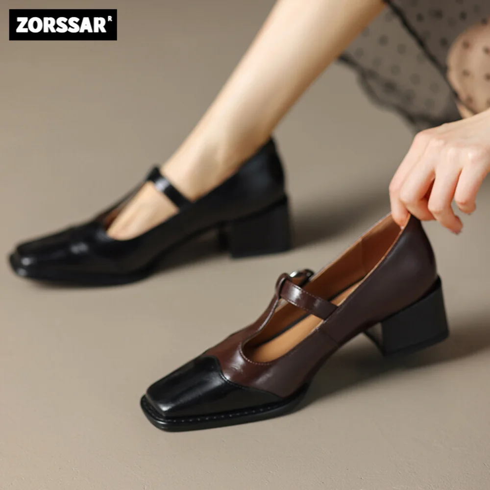 2024 New Women Dress Shoes Thick Heels Mary Janes Shoes Genuine Leather Shallow Square Toe Pumps Ankle Strap Ladies Shoes Office