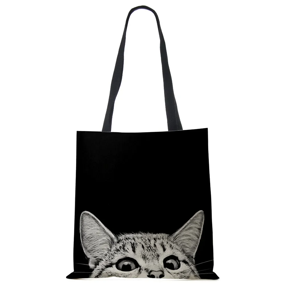 Designer Tote Bags Sumi Black Cat Printed Linen Fabric Eco Handbag Shopping Office Reusable Casual Shoulder Bag Travel Bag