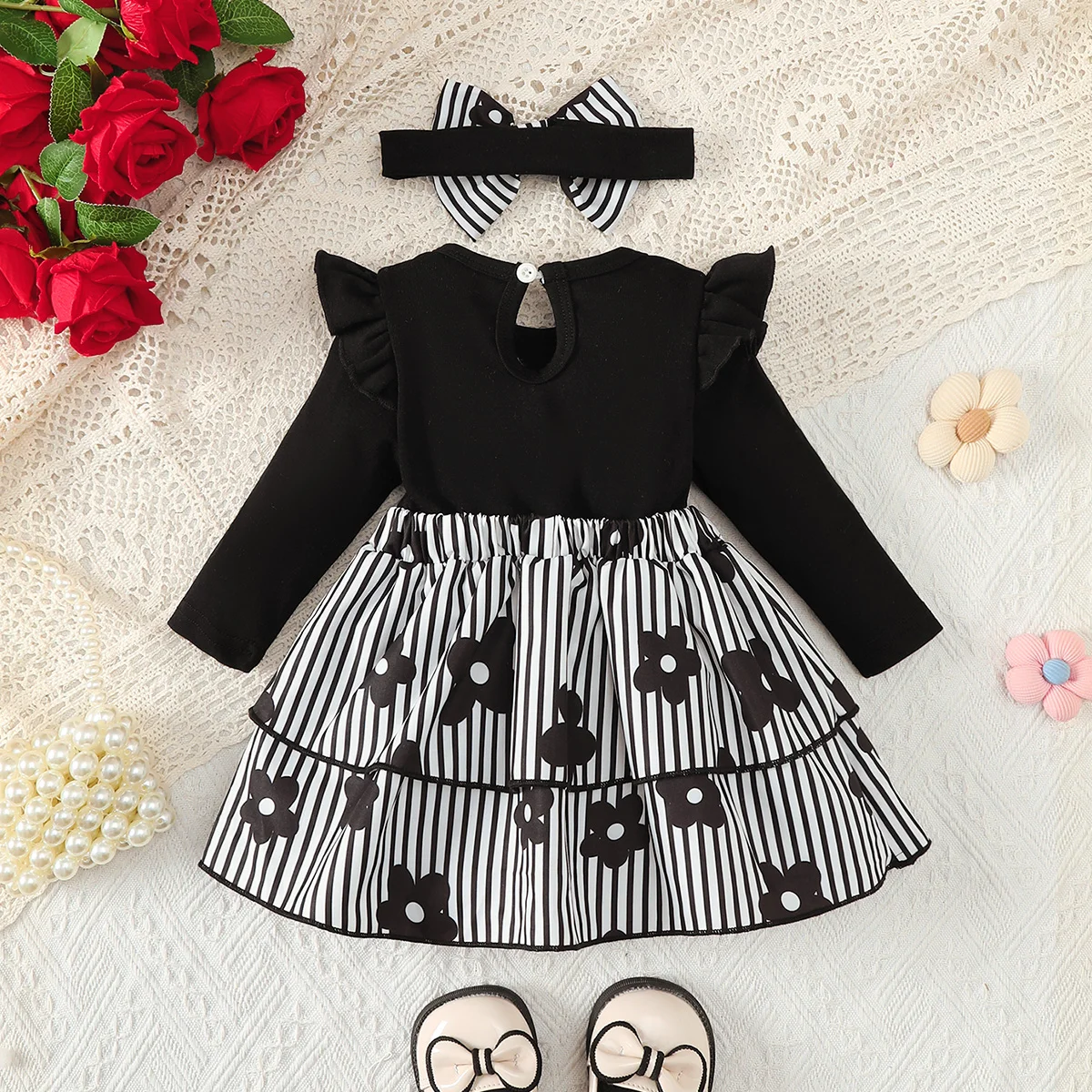 Baby Girl Dress Stripes Small Fly Sleeve Dress+Bow Headband 2Pcs Suitable 0-24 Months Baby Girl Spring Autumn Cute Daily Dress