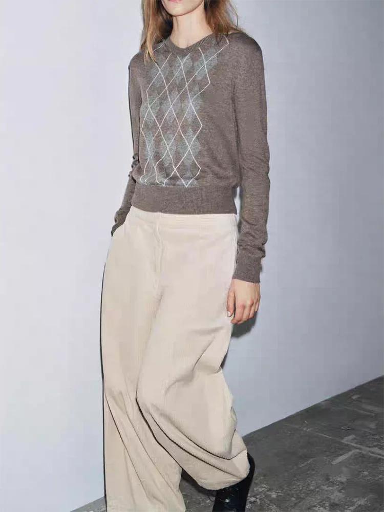 Faionable Sweet Knitted Sweater Diamond Pattern New Arrival Autumn 2025 Women's Loose Fit Long Sve round Ne Casual Sle