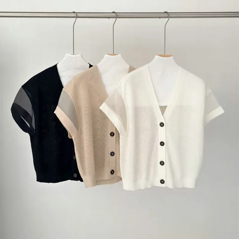 2026 Spring Summer New V-neck Short sleeved Knitted Cardigan Linen Silk Blended Women's Versatile Top