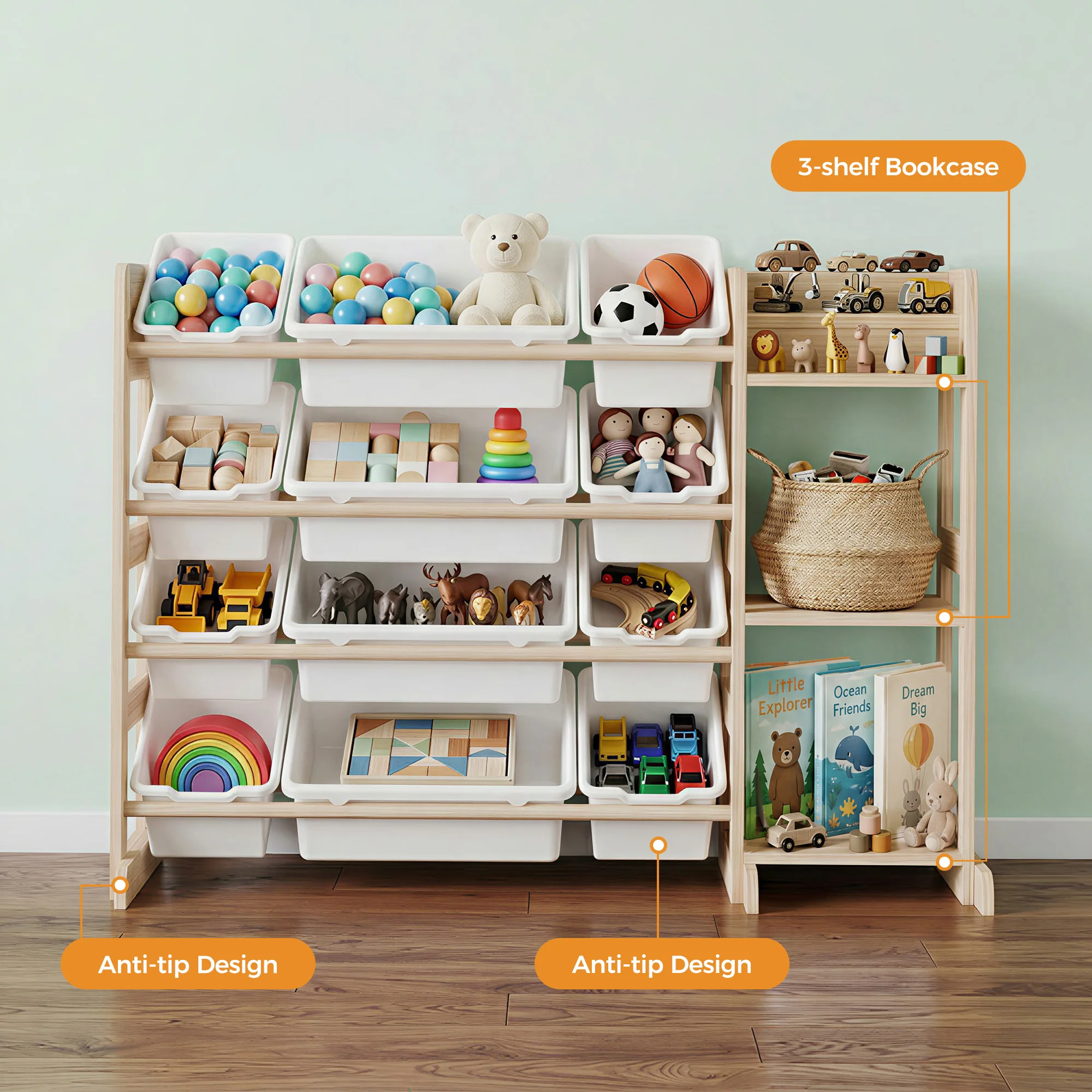 Solid Wood Kids Toy Memory Organizer Cabinet – 12 Bins & 3 Open Shelves – Wide Bookshelf Unit for Playroom, Nursery, Bedroom – 42