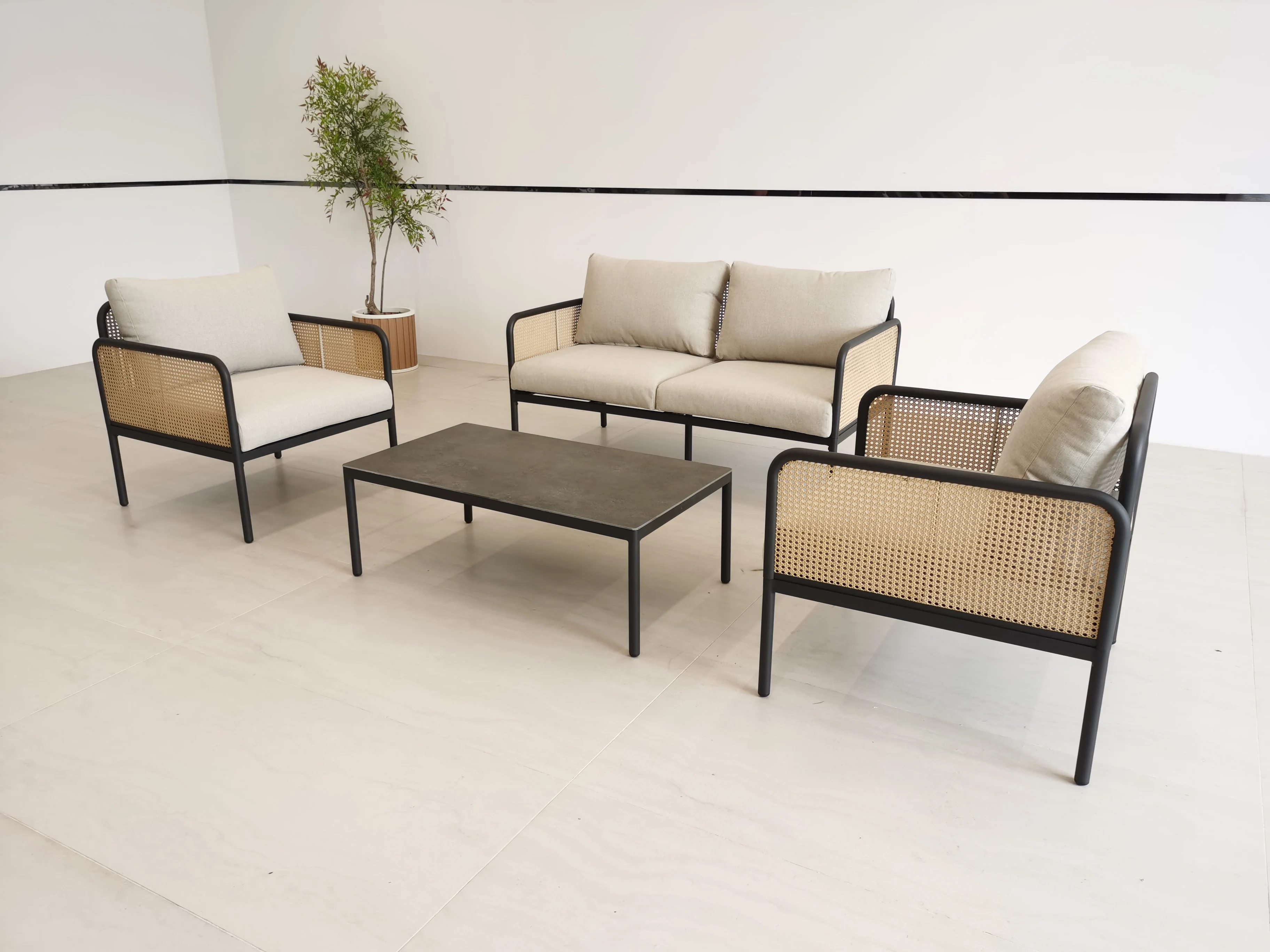 Dismountable modern classic rattan single sofa set waterproof seat cushion outdoor furniture park garden hotel courtyard