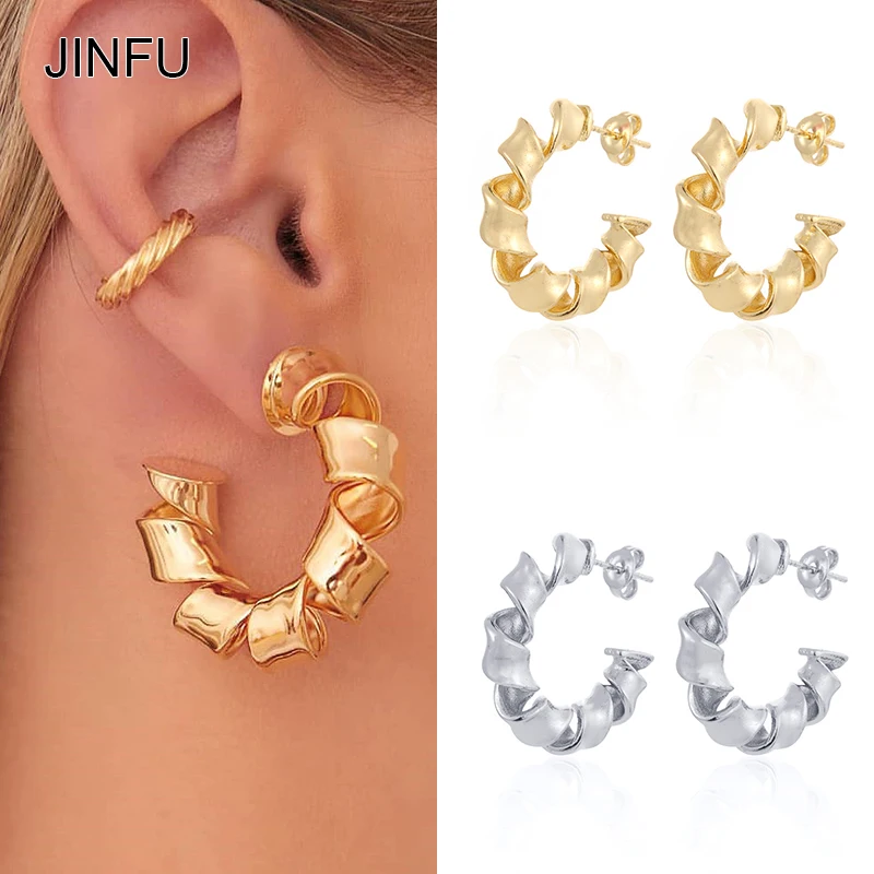 JINFU Gold-plated Hoop Earrings for Women Punk Big Higgle Circle Piercing Earrings 2022 Women Jewelry Wholesale