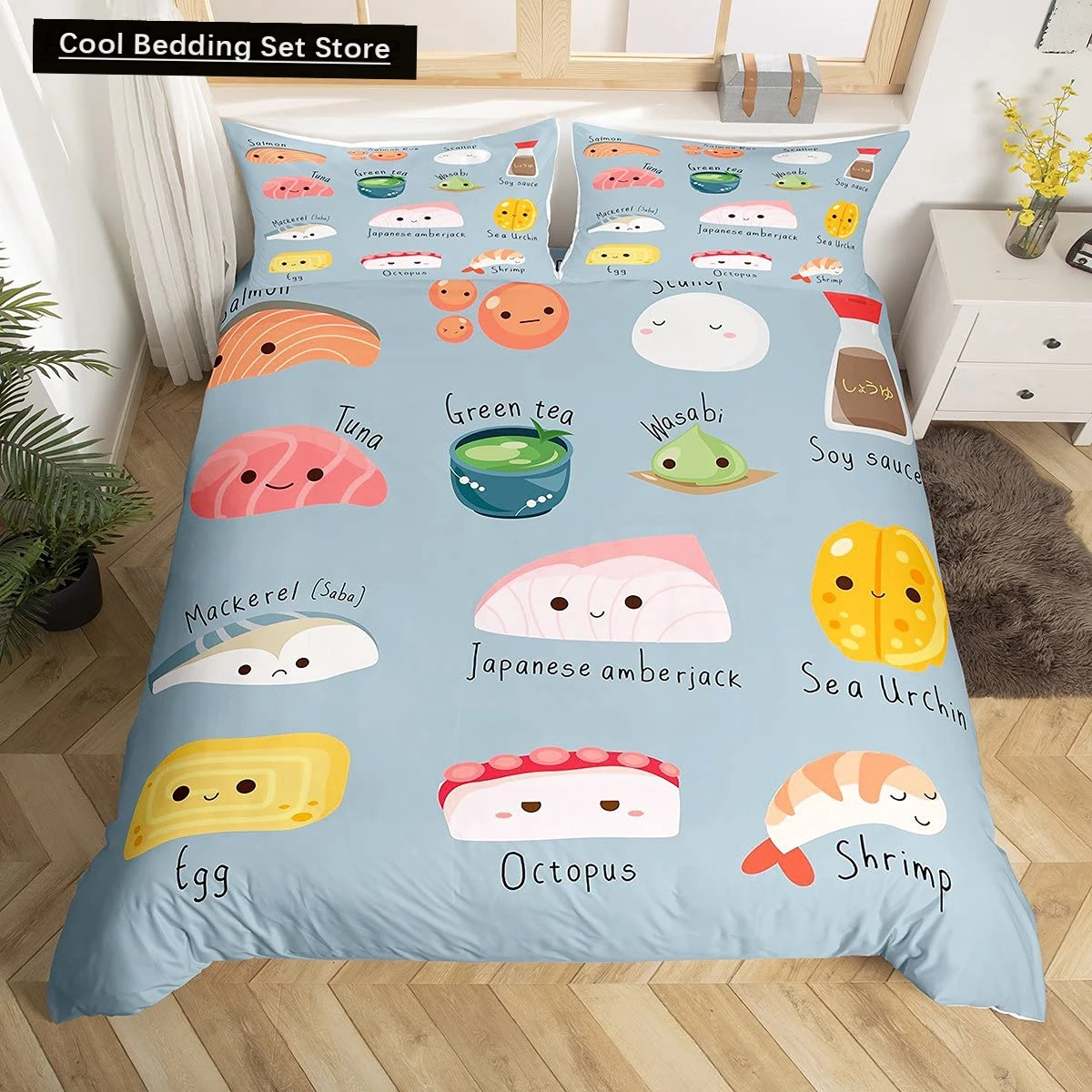 

Japan Sushi King Queen Duvet Cover Marine Life Bedding Set Cartoon Japanese Food Quilt Cover Colorful Polyester Comforter Cover