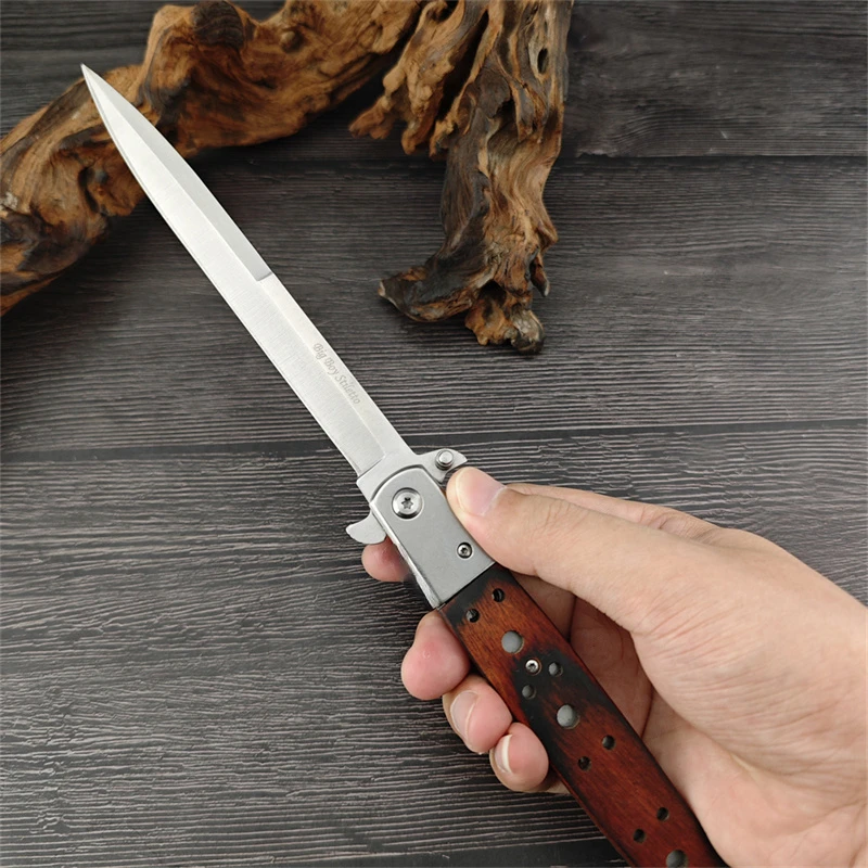 Long Size Tactical Folding Pocket Knife 440C Blade Wood Handles Camping EDC Hunting Knife Self Defense Knives Tools