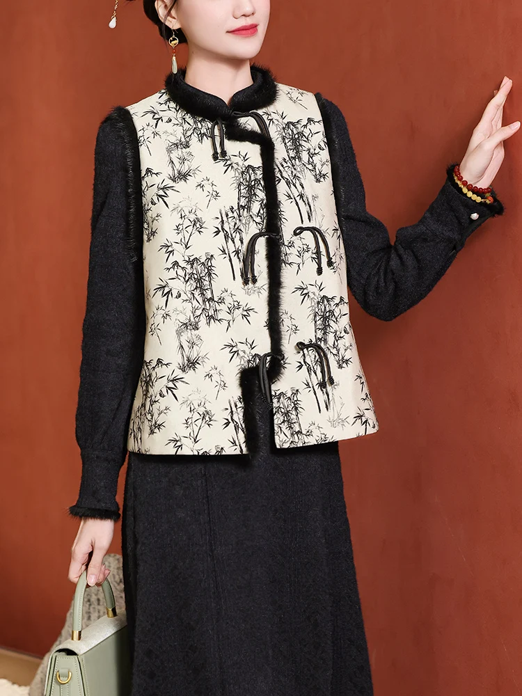 

New Chinese Sle Women's Vest Tang Suit Cotton Coat Button up Top Winter Retro Faion Straight Collar Low Slit Daily Wear