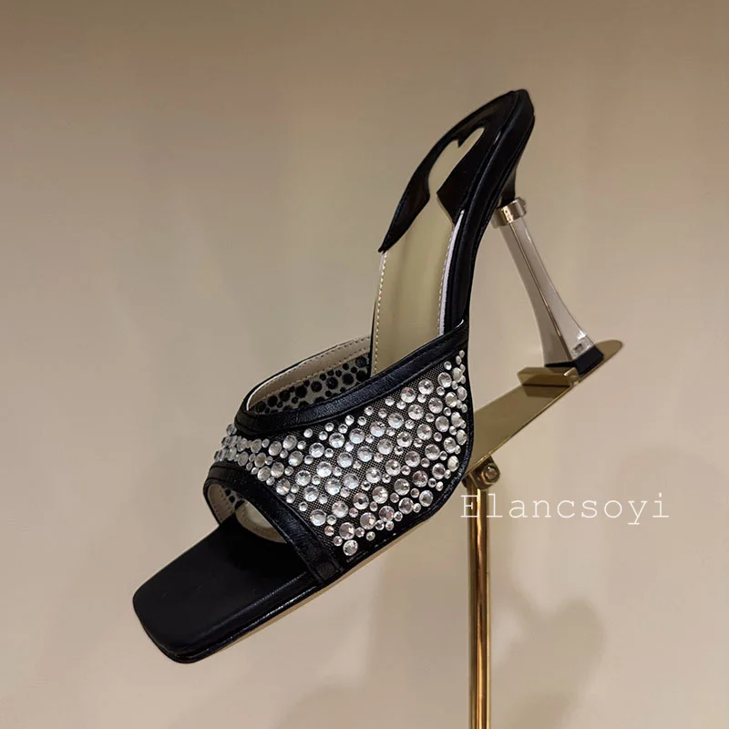 High Heels Rhinestone Slippers Women Mesh Love Heart Square Toe Thin Heels Lazy Sandals Summer Fashion Banquet Dress Shoes 2026