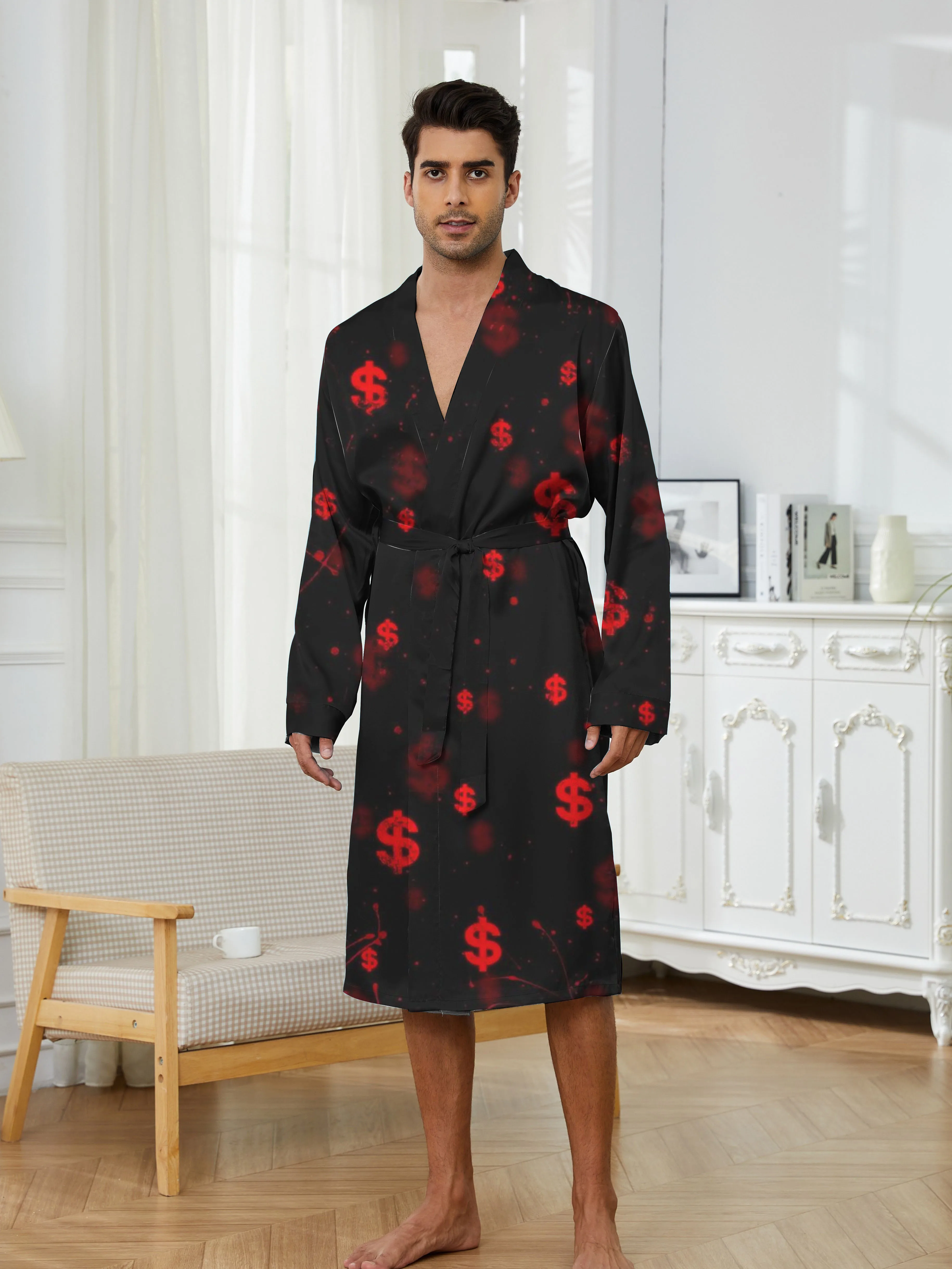 

Мужской спальный халат с цифровым принтом логотипа доллара США, весенне-осенний домашний повседневный спальный халат, быстросохнущий
