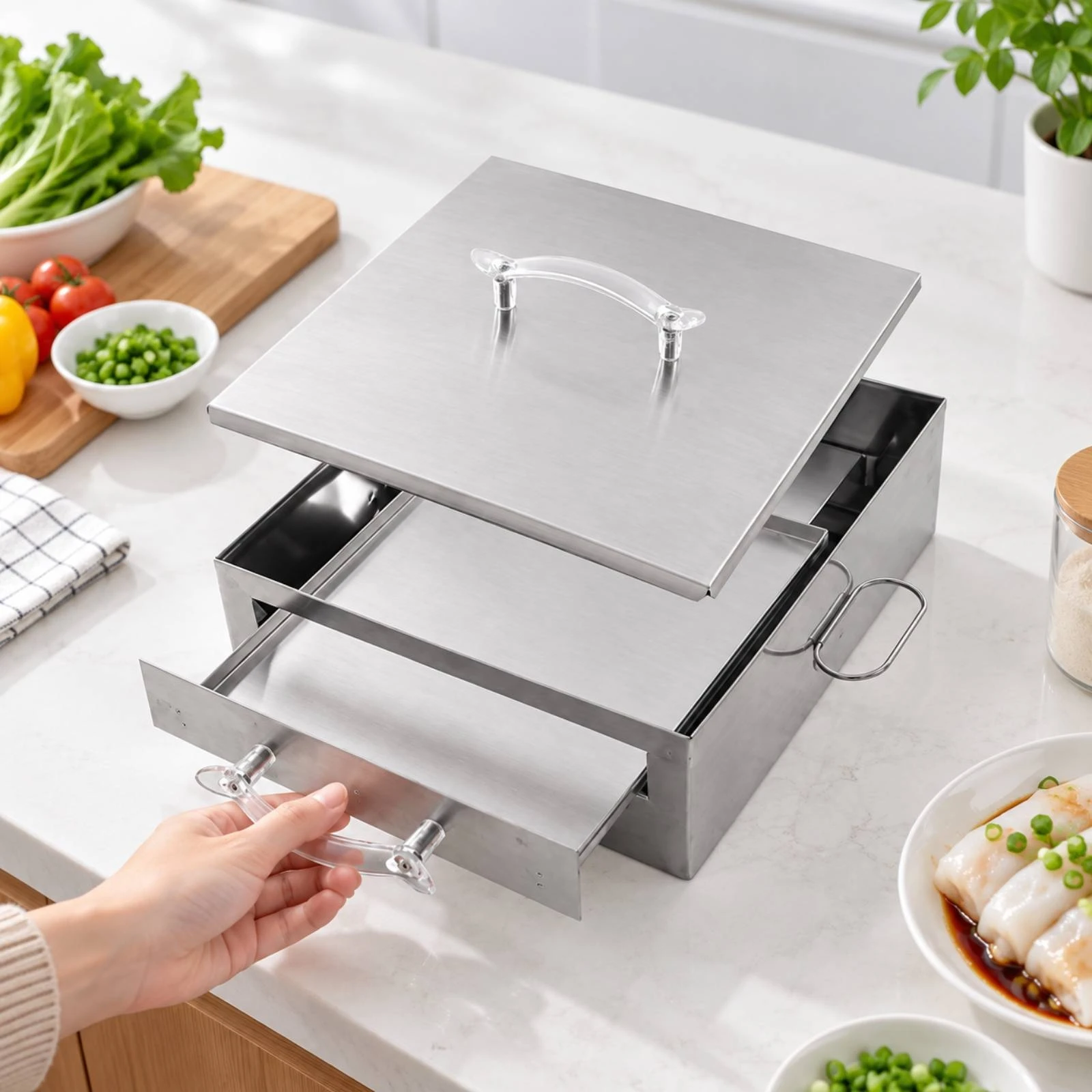Household Rice Noodle Steamer Scald-Proof Stainless Steel Rice Noodle Steamer Cheung Fun Maker Food Grade Multifunctional