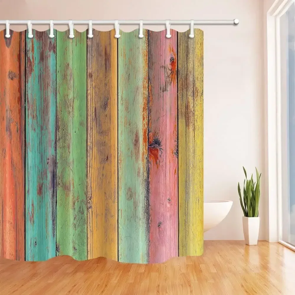 Vintage Colorful Rustic Wooden Artwork Painted on Board Plank Shower Curtains Polyester Fabric Farm House Barn Door Bath Curtain